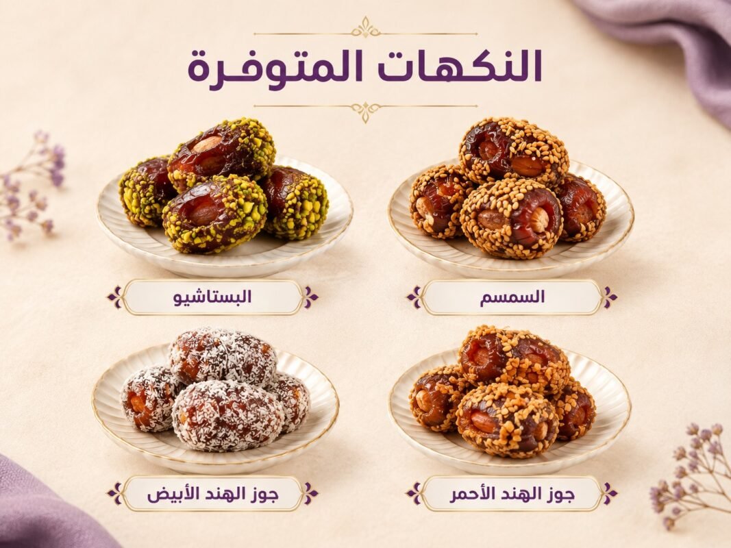 نكهات تمر باللوز بالسمسم والفستق وجوز الهند